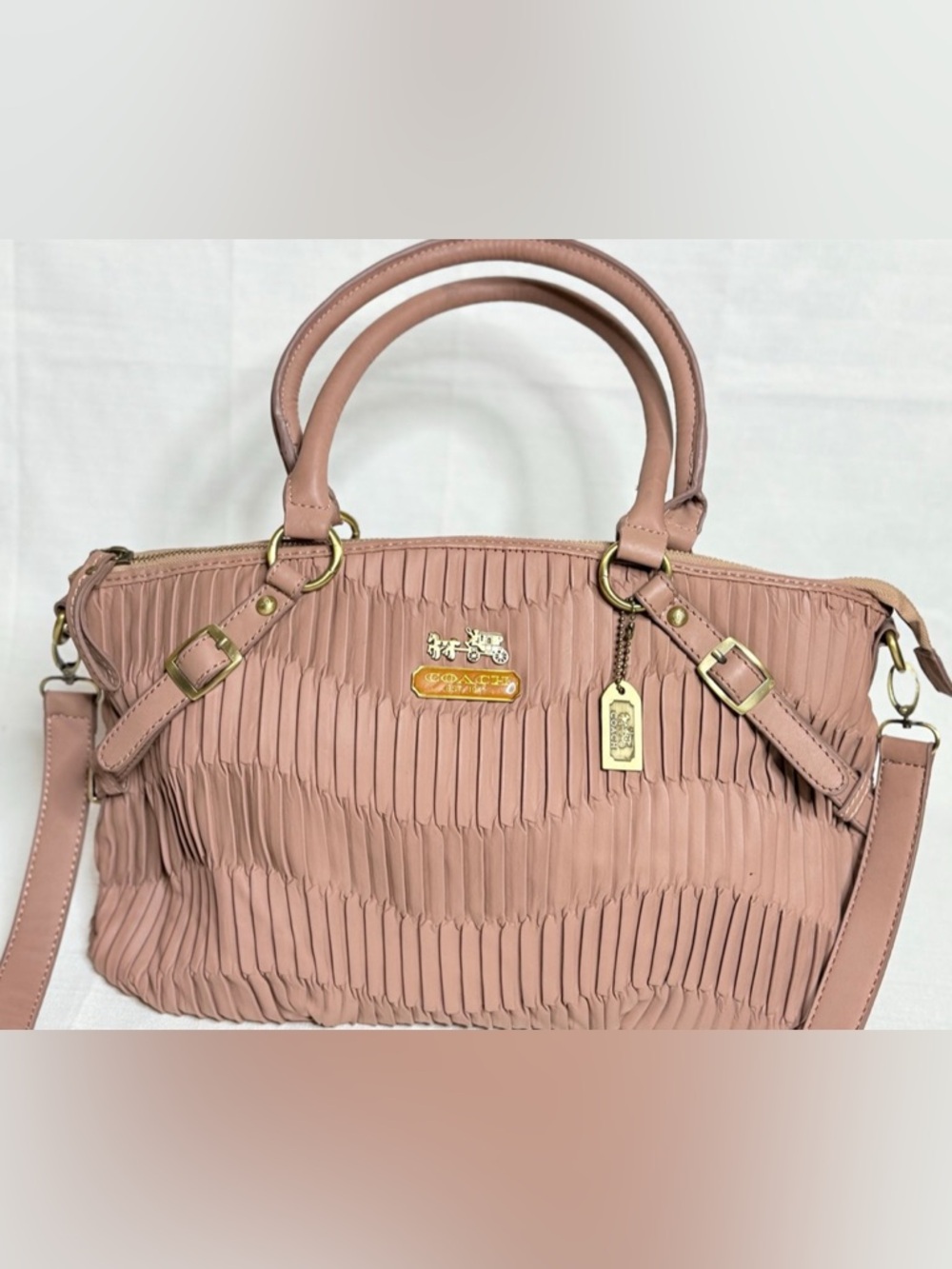 COACH 2WAY Madison Gathered 2-Way Tote Leather Handbag Blush Pink Crossbody - Picture 2 of 12